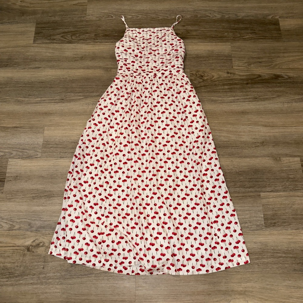 Abercrombie & Fitch White Cherry Print Linen Blend Smocked Maxi Dress Small